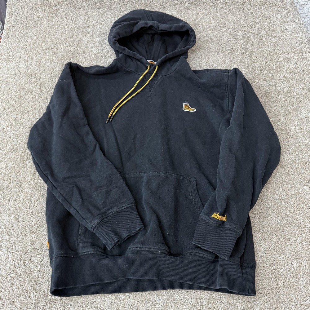 Timberland Hoodie Mens Large Black Fleece Pullover Kangaroo Logo Sweatshirt